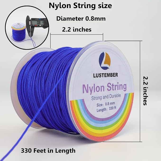 LUSTEMBER 0.8mm Nylon String, Strong Bracelet String, Durable Nylon Cord for Jewelry Making, Bracelets, Beading, Necklaces, Rattail Braiding, Kumihimo, Wind Chimes, Blinds and Handicrafts