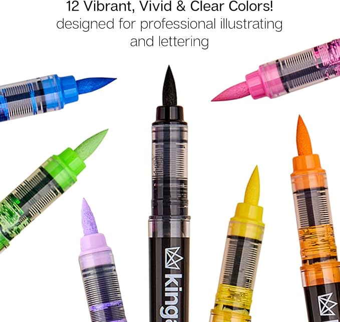 KINGART Acrylic Paint Markers Brush Tip, 12 Vibrant Colors. Water-based, no-bleed, waterproof pens with automatic ink control for rock, egg, wood, fabric, glass & DIY crafts