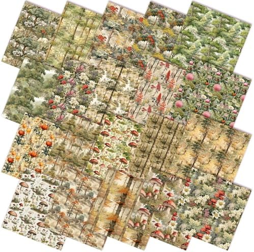 HunnmingRe 20 Pcs 10''x10'' Vintage Mushroom Quilting Fabric Square Woodland Forest Quiltted Fabric Bundle Fairy Junk Fairytale Precut Printed Patchwork Supplies for Holiday DIY Sewing Material Craft