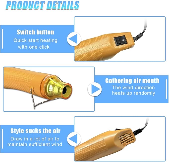 Mini Heat Gun - 220V 300W Portable Handheld Hot Air Gun Tool for DIY Craft Embossing - Electric Heating Tool with Stand & Power Cord for Car Vinyl Wrap/Shrink Wrapping PVC/Drying Paint(Gold)