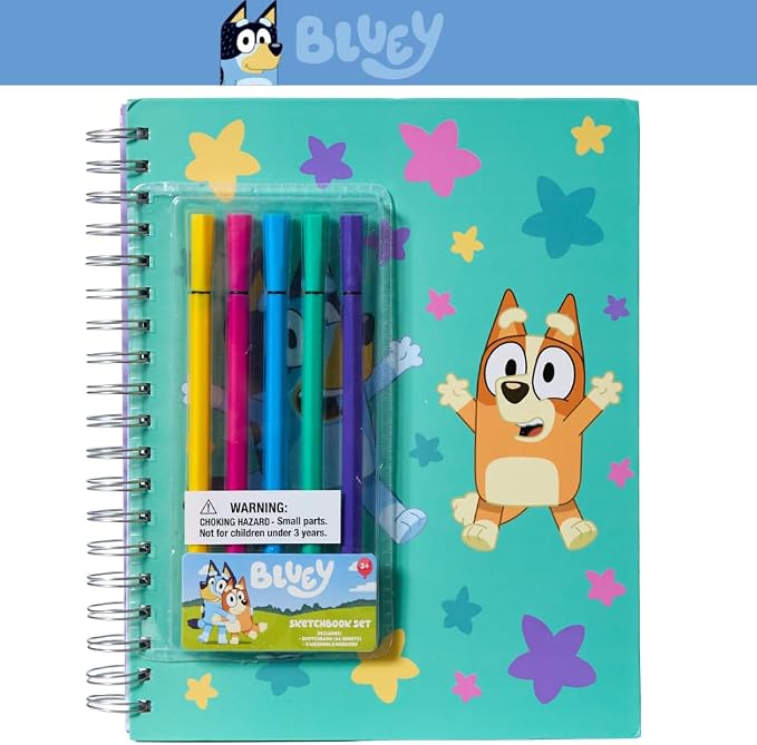 Bluey Sketchbook for Kids with Washable Markers, 86 Blank Pages Spiral Bound, Turquoise