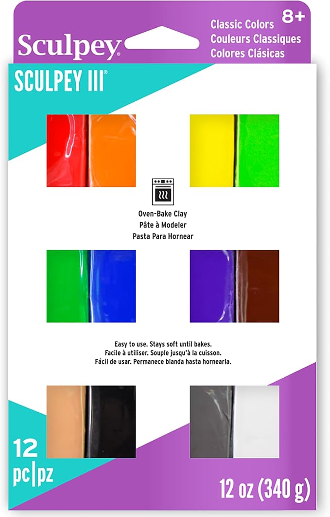 Sculpey III: Multipack: Classics - 12 Color Variety, 1oz Bars, Polymer Oven Bake Clay, Non-Toxic, Sculpting-Jewelry-Craft Projects, DIY Art Supplies