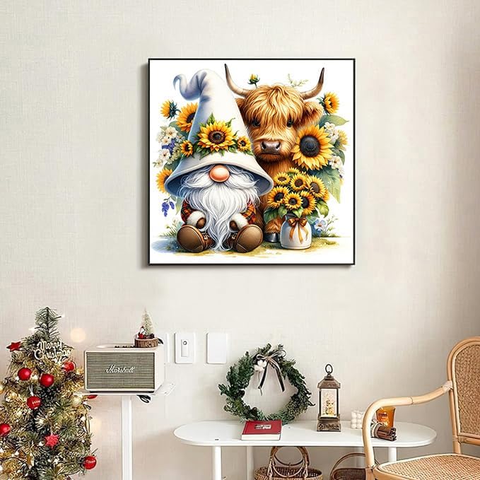 Axquilon Highland Cow and Gnome Diamond Art Kits for Adults, 14x14 inch