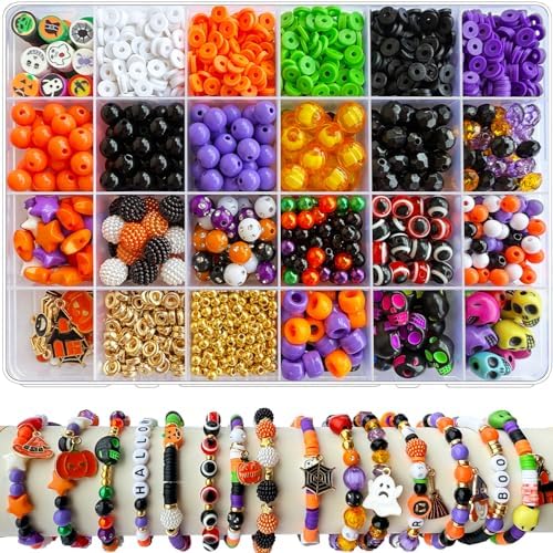 1970Pcs Halloween Bracelet Kit, Halloween Beads for Bracelets Jewelry Making Orange Black White Purple Polymer Clay Beads Pumpkin Evil Eye Skull Bead with Ghost Spider Charms for DIY Craft Earring