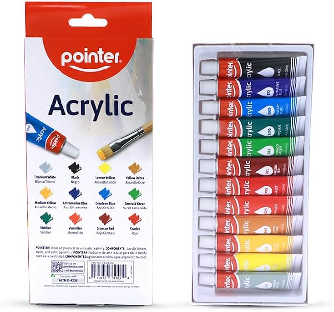 Pointer Art PRO Acrylic Paint Set – 12 Colors in 0.4oz (12ml) Tubes – Smooth & Creamy Texture – Ideal for Canvas, Paper, Cardboard, and Crafts