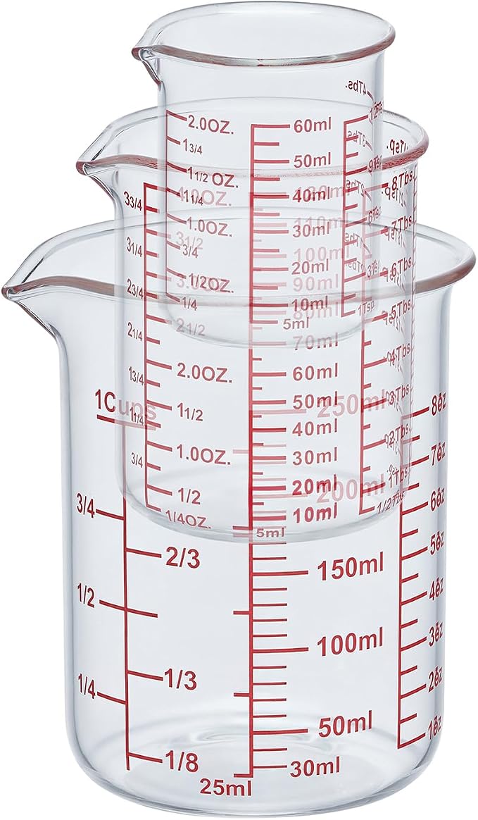 Ackers BORO3.3 Glass Measuring Cups with Spouts, 3-Piece Set, 60/120/250 ml