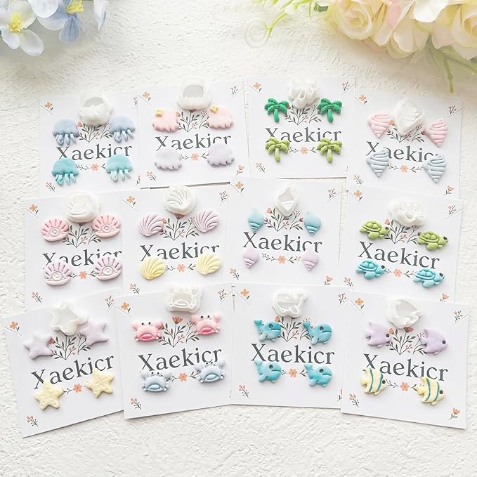 Ocean Life Polymer Clay Cutters Set - 12pcs Sea Creatures Shapes Including Starfish, Jellyfish, Seashell, Turtle, Crab & Palm Tree for DIY Earring Jewelry, Scrapbooking & Miniature Decor