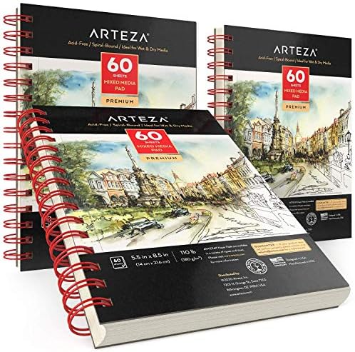 ARTEZA Mixed Media Sketchbook, 5.5 x 8.5 Inches, Pack of 3, 60 Sheets Each, Micro-Perforated Spiral-Bound Paper Pad for Wet and Dry Media