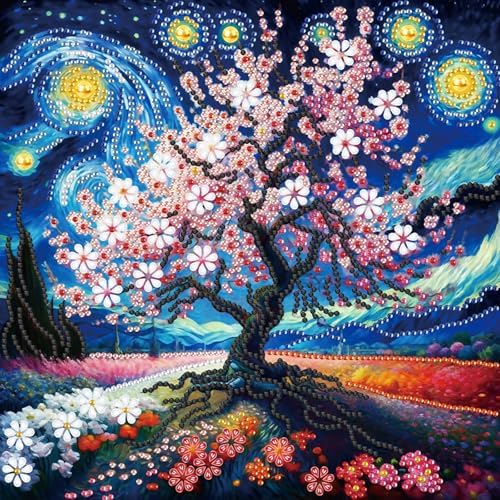 AiYuanzsh 5D Special Shape Diamond Art Kits for Adults, Cherry Blossom Tree Diamond Painting Kit, Starry Sky Style Crystal Rhinestone Diamond Art for Wall Decor Gift, 12×12 Inch