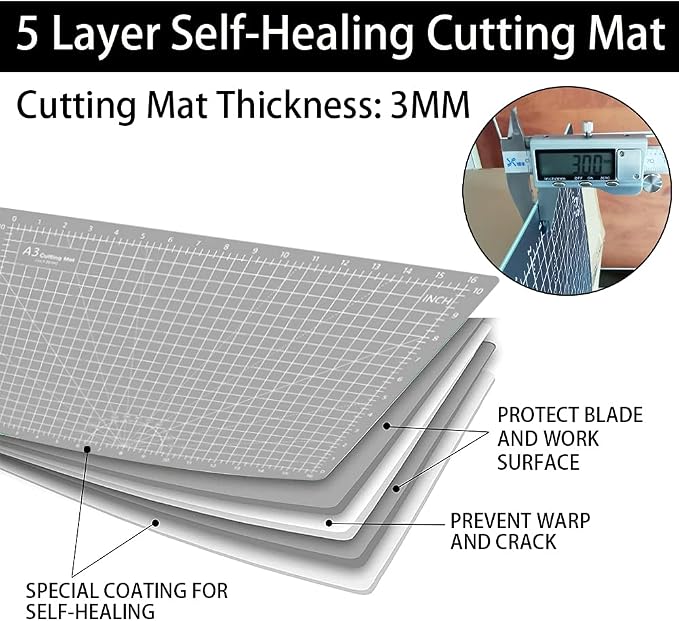 Headley Tools 18"x12" Thickened Self Healing Cutting Mat, A3 Rotary Cutting Sewing Mat for Crafts, Double Sided 5-Ply Table Cutting Board for Fabric Quilting Leather Hobby Project, Grey/Black