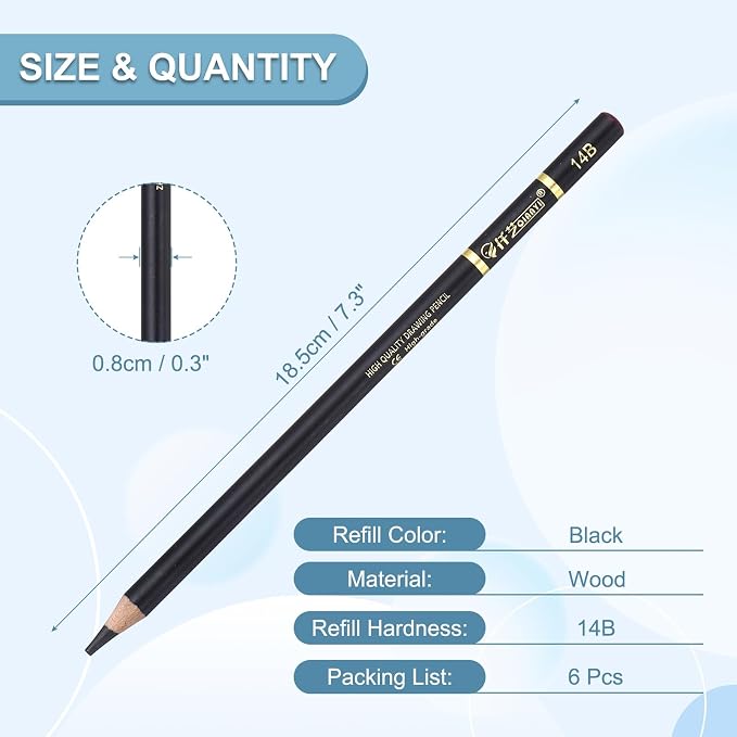 PATIKIL 6Pcs Drawing Pencils for Sketching, 14B Refill Sketch Pencils for Drawing, Graphite Art Pencil Set Professional Resistant Lead for Painting Shading Artist Office Supplies