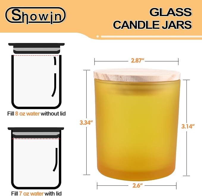 SHOWIN 8 OZ Thick Candle Jars for Making Candles 15 Pcs, Empty Jars with Wood Lids for Candle Making, Sample Container, Frosted Yellow