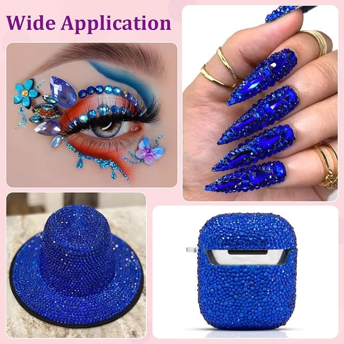 30000Pcs Resin Rhinestones for Bedazzling with Tweezers, Royal Blue Rhinestones for Crafting with 3Pcs 10ml B7000 Jewelry Glue for DIY Crafts Clothing Tumblers Shoes Fabric Nail Art