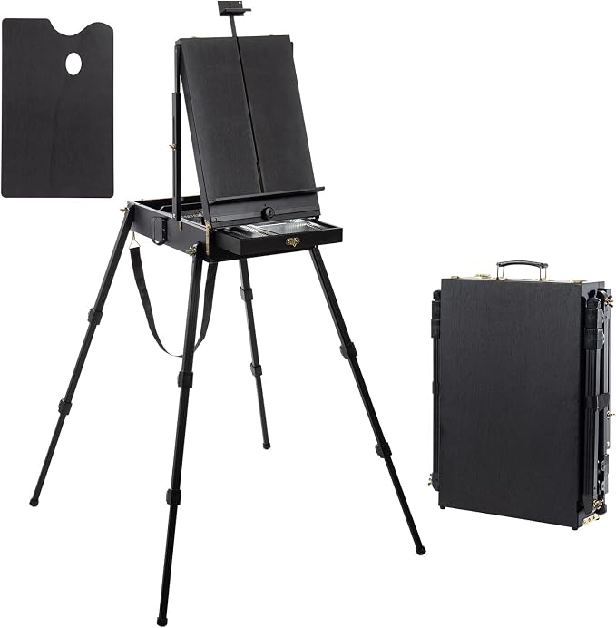 Falling in Art 4 Legs Portable Beechwood French Easel, Black | Plein Air Easel with Bigger Storage Drawer, Full Size Sketchbox Travel Easel for Painting, Drawing, Artwork