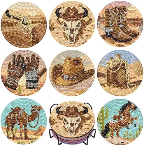 DOTSOPS 8 Pcs Cowboy Diamond Painting Coasters with Holder for Beginners