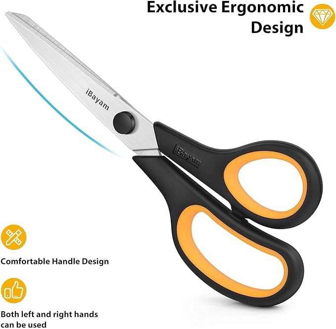 iBayam 8.5" Heavy Duty Black Scissors for Office School Classroom Home Use | Precision 2.5mm Thickness Ultra Sharp Blade| Comfort Grip Right/Left Handles| Multipurpose | Cutting Paper Fabric Packaging