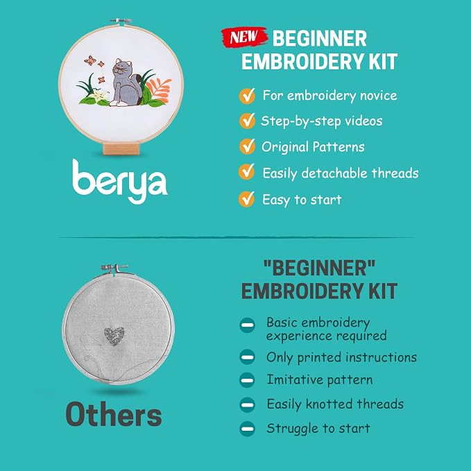 Embroidery Kit for Adult Beginners, Cat Embroidery Kit with Step-by-Step Instructions and Video, Printed Cloth, 7.87" Hoop, Display Stand, Color Threads, Threader & Needles for Craft Lover(BED001)