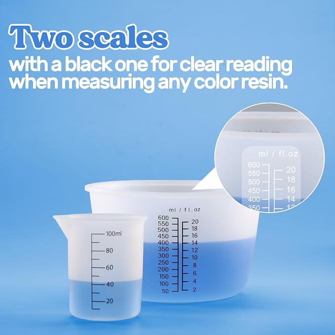 LET'S RESIN Silicone Mixing Cups, 600 ml and 100 ml, 2 Scales | Thick Non-Stick Silicone Cups Feature Two Measurement Scales and Include a Stirring Stick for Easy Resin Mixing and Cleanup
