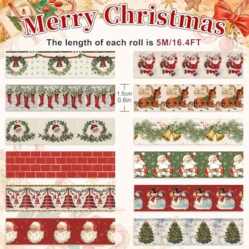 Whaline 12 Rolls Christmas Vintage Washi Tape Santa Claus Snowman Xmas Tree Bell Washi Tape Masking Decorative Party Gift Paper Tape for DIY Craft Scrapbook Decor Party Favor Supplies