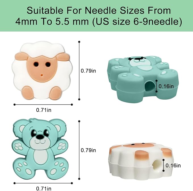 Yzzyemn 10 pcs Knitting Needle Stoppers Point Protectors Knitting Accessories and Supplies Knitting Tools Knitting Starter kit Beginner for Knitting Gifts (Bear+Sheep, Size 6-9)