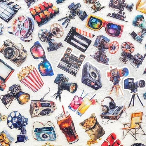 50 Pcs Vintage Movie Projector Stickers Clear Film Camera Retro Cinema Aesthetic Scrapbook Decals Waterproof PET Stickers for Journals Laptops Notebooks Art Crafts