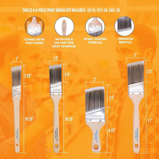 Vermeer Angled Paint Brushes, Paint Brush Set for Trim & Walls, 6 Pc | Interior & exterior | Furniture, cabinets, doors & fences | Latex & oil-based | Medium stiff bristles, softwood handles