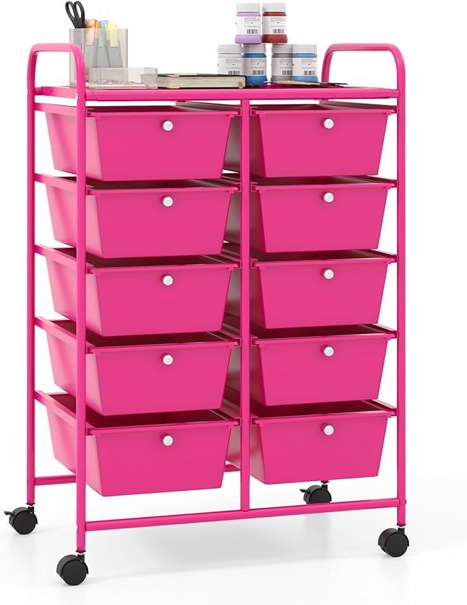 Giantex 10 Drawers Rolling Cart, Classroom Organizers, Storage Cart with Wheels, for Teacher Office Home School Supplies Tool Craft Art Paper, Hot Pink
