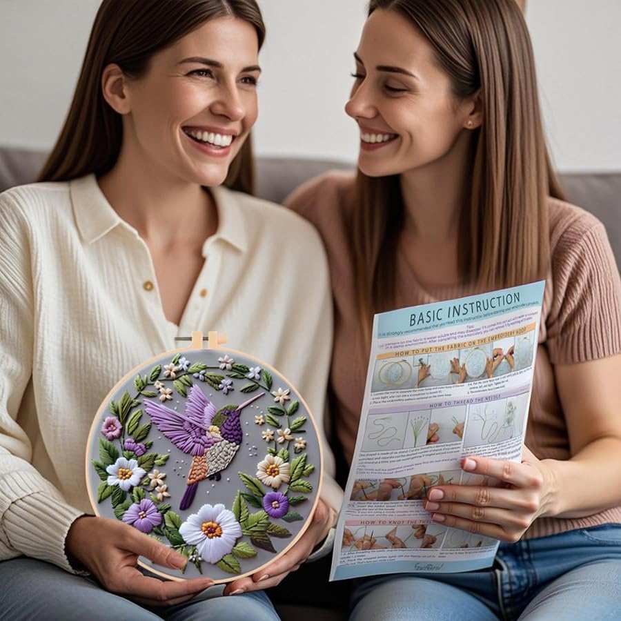 LB 3 Pack Hummingbird Flower Embroidery Kit for Beginners Funny Simple Beginner Embroidery Kit for Adults DIY Starter Kit with Embroidery Hoop Colorful Threads Tools Step by Step Instructions