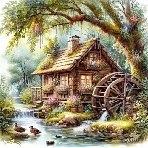 Countryside Diamond Art Kits for Adults, Diamond Painting Kits for Adults for Beginners, DIY Water Wheel Diamond Dots Art Kits, 5D Full Round Drill Gem Art Painting Kits for Home Wall Decor, 14x14in