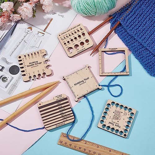 BENECREAT 6 Styles Wood Knitting Gauge Rulers, Crochet Hook and Yarn Wrap Per Inch Guide Knitting Tool for Spinners Yarn Measuring Crochet Accessories