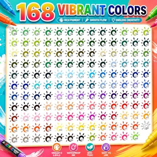 168 Colors Soft Brush Tip Acrylic Markers Set, Paint Pens for Rock, Wood, Fabric, Canvas, Glass, DIY Crafts, Waterproof Paint Markers, Vibrant Acrylic Pens for Artists and Art Projects