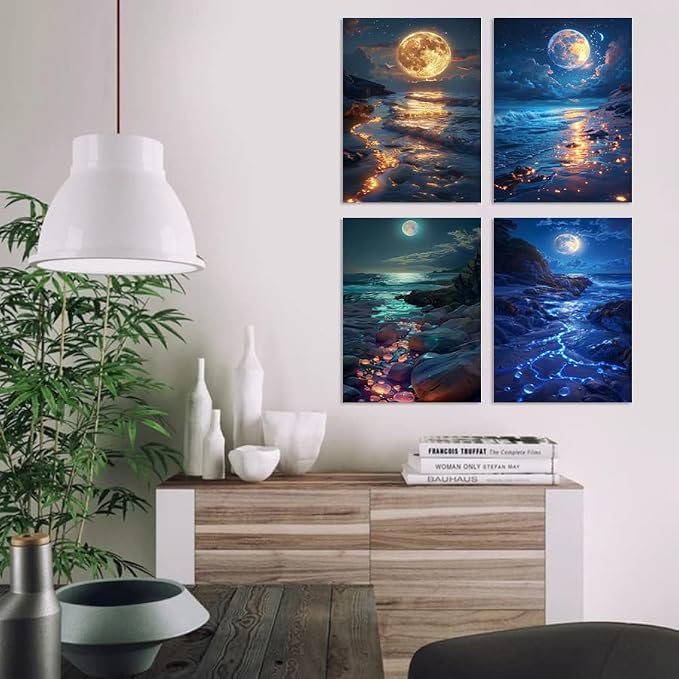 DOTSOPS 4 Pcs Moon Lake Diamond Painting Kits for Adults Art Painting Kits | Crafts DIY 5D Diamond Art Packs Kits,Round Full Drill for Beginner,Home Wall Decoration Gift 11.8 x 15.7 Inches