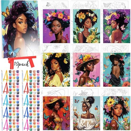 Blosssound 10 Set Pre Printed Canvas Pre Drawn Canvas Painting with Easel Kits 5" x 7" Outline Painting Panels for Beginners, DIY Craft Project, Party Favor, Home Decors(Flower Lady)