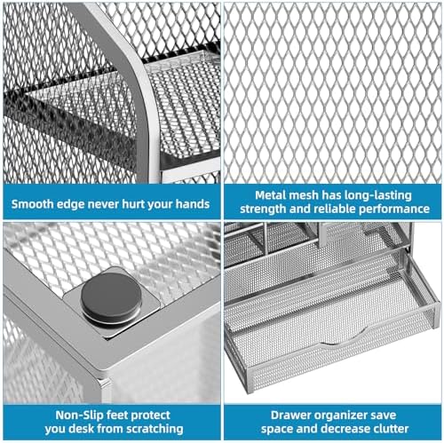 Marbrasse Mesh Pen Holder for Desk, Pen Organizer with Drawer, Multi-Functional Pencil Organizer, Desk Organizers and Accessories for Office Art Supplies (Silver)