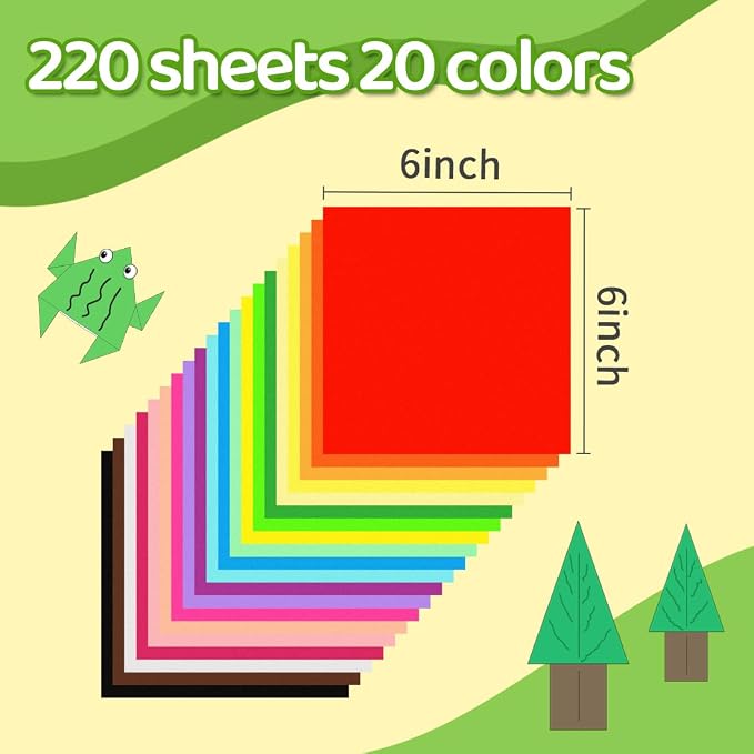 IOOLEEM Origami Paper Kit, 220 Sheets 20 Colors, Double Sided Colored Blank Folding Paper Set with Step-by-Step Instructions, Origami Kit for Art & Craft Supplies