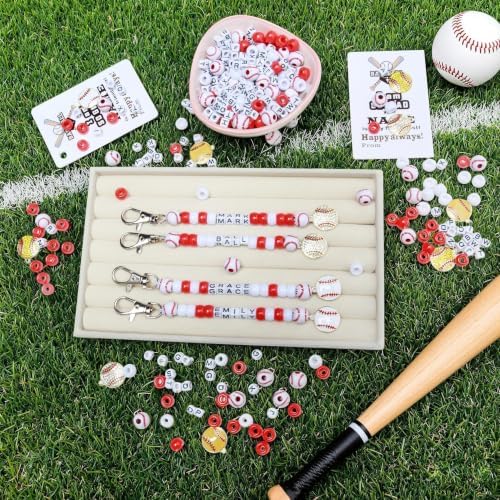 Tuhangcc 500 Pcs Baseball DIY Keychain Making Kit, Adjustable Letter Alphabet Beads Strings,8 Charm 16 Cards with Lobster Clasps & Strings for Sport Theme Party Favor Gift (Baseball)