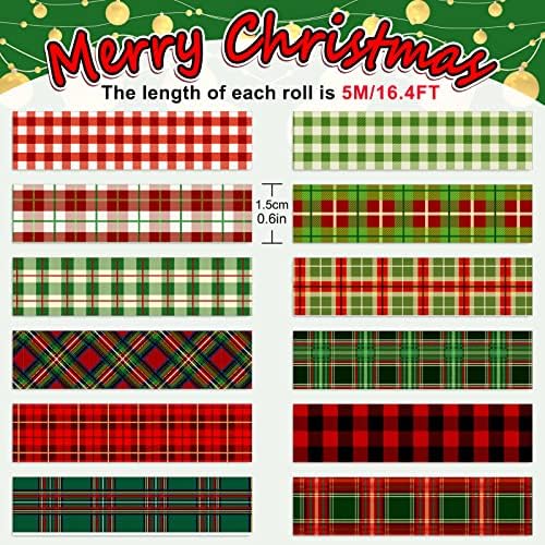 Whaline 12 Rolls Christmas Washi Tape Buffalo Plaid Pattern Red Black Green Xmas Holiday Masking Tape for Scrapbook Journal DIY Craft Gift Wrapping