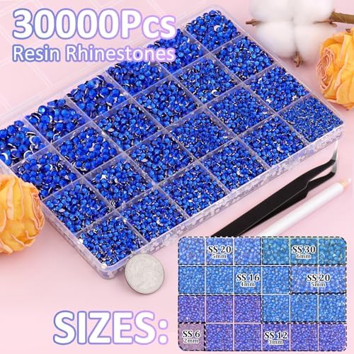 30000Pcs Royal Blue Rhinestones for Bedazzling with B7000 Jewelry Glue, Bedazzler Kit Bulk Flatback Gems, Resin Rhinestones for Crafting Crafts Clothing Shoes Fabric Nail Art Assorted Size 2/3/4/5/6mm