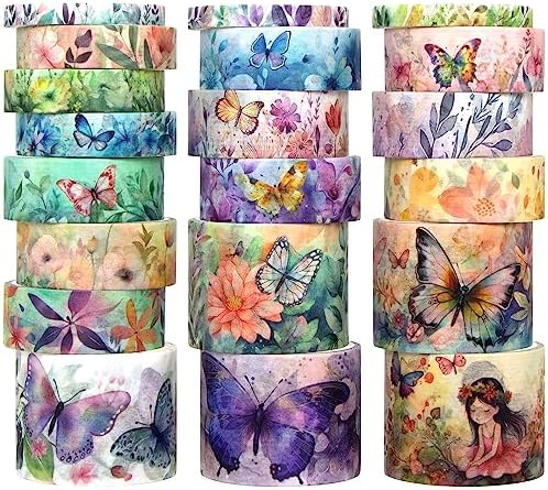 20 Rolls Washi Tape Set - Floral Butterfly Decorative Masking Tape, Adhesive Tape for Bullet Journal Supplies, Junk Journal, Diy Craft, Scrapbooking Supplies, Gift Wrapping, Party Decoration