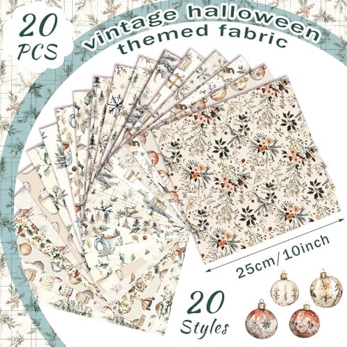 HunnmingRe 20 Pcs 10''x10'' Boho Christmas Quilting Fabric Square Woodland Beige Quiltted Fabric Bundle Rustic Winter Precuts Printed Patchwork Supplies for Xmas DIY Sewing Craft