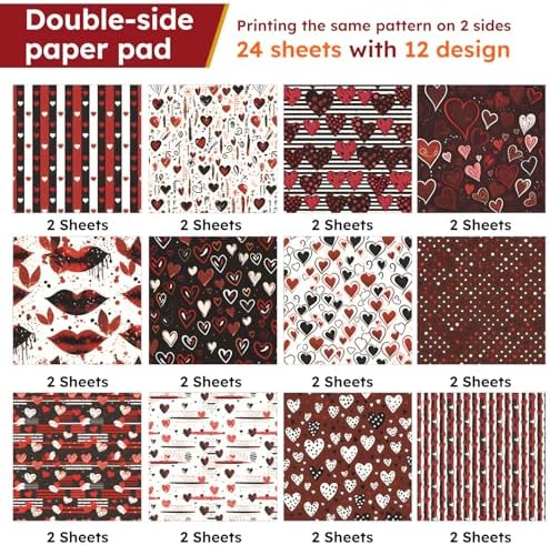 12in Valentine Decorative Scrapbook Paper Pad - 24 Sheets Black Hearts Patterns Designed Collage Supplies for Journaling Folded Card Making DIY Crafts Gift Wrapping Material