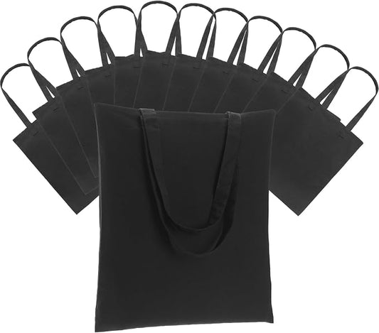 Carbrea 12 Pack Thin Canvas Tote Bags Bulk, Reusable Grocery Bags - Black | Lightweight, 5oz Natural Canvas, Reinforced Stitches, Blank Design, Ideal for Shopping DIY Sublimation Activity Gift