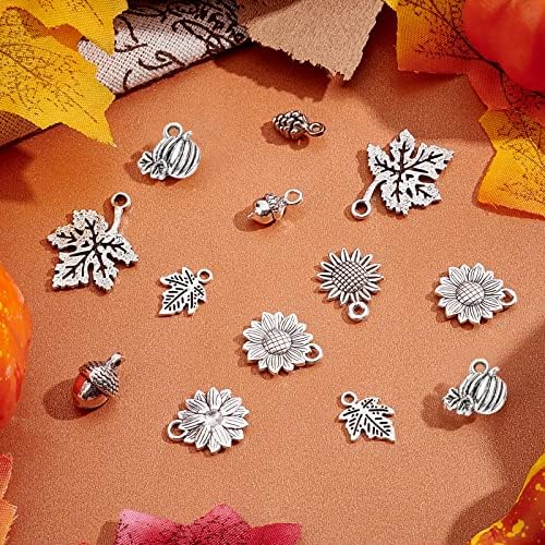 SUNNYCLUE 1 Box 48Pcs Thanksgiving Charms Bulk Tibetan Style Antique Silver Sunflower Charms Fall Leaf Charm Hollow Maple Leaves Vintage Alloy 3D Pinecone Charms for Jewelry Making Charm DIY Craft