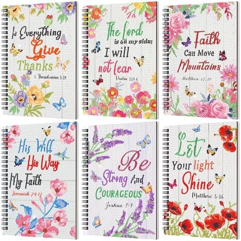 Fullhawl 6 Pack 5D DIY Diamond Art Crafts Kit for Adults Office Supplies Beginner A5 Leather Diamond Painting Gift for Women Art Cover Craft Accessories with Tool (Bible Florals)