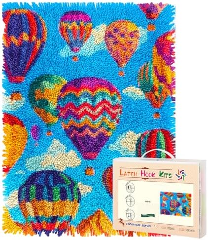 Latch Hook Rug Kit Colorful Hot Air Balloons Pre-Printed Handmade Carpet Crochet Yarn Craft DIY Hook and Latch Door Mat Tapestry for Home Floor Decoration 52x38cm-1