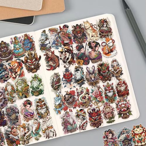 50 PCS Japanese History Art Stickers – Ukiyo-e Vintage Clear Scrapbook Decals with Cats, Samurai, Koi Fish, Dragons, Geishas – Japan Culture Stickers for Journals, Laptops, Art Crafts