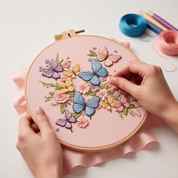 Embroidery Kit for Beginners & Adults Starter Kit, Cross Stitch Kits,DIY Hand Embroidery Needlepoint Set with Hoop, Pre-Printed Fabric, Threads and Instructions (Butterfly)