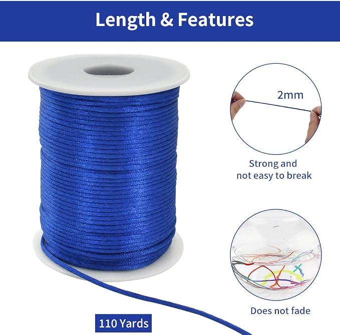 TONIFUL Nylon String Satin Cord for Necklace Bracelet Beading 2mm Blue | 110yd Non elastic durable non fading, for Jewelry Making Thread Rattail Macrame Trim Kumihimo Chinese Knot Craft Tags Hanging