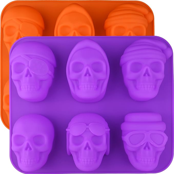 Moukiweek 3D Skull Soap Silicone Mold 2-piece Set Halloween Chocolate Mold Ice Cube Trays Molds Suitable for Cookery Cake Baking and DIY Resin Craft