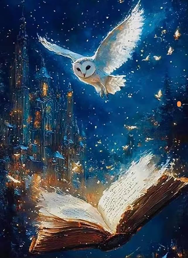YUXUANKANG Diamond Painting Kit, Owl and Magic Book Fantasy Scene, 12x16 Inch, Resin Drills, DIY Craft Activity for Adults